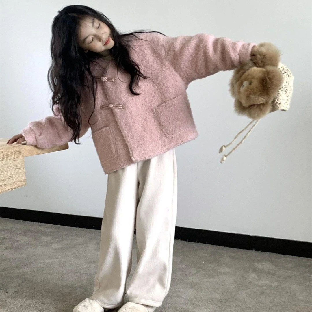 女童秋冬外套2024新款儿童冬季中国风毛毛上衣女孩灯芯绒裤子套装