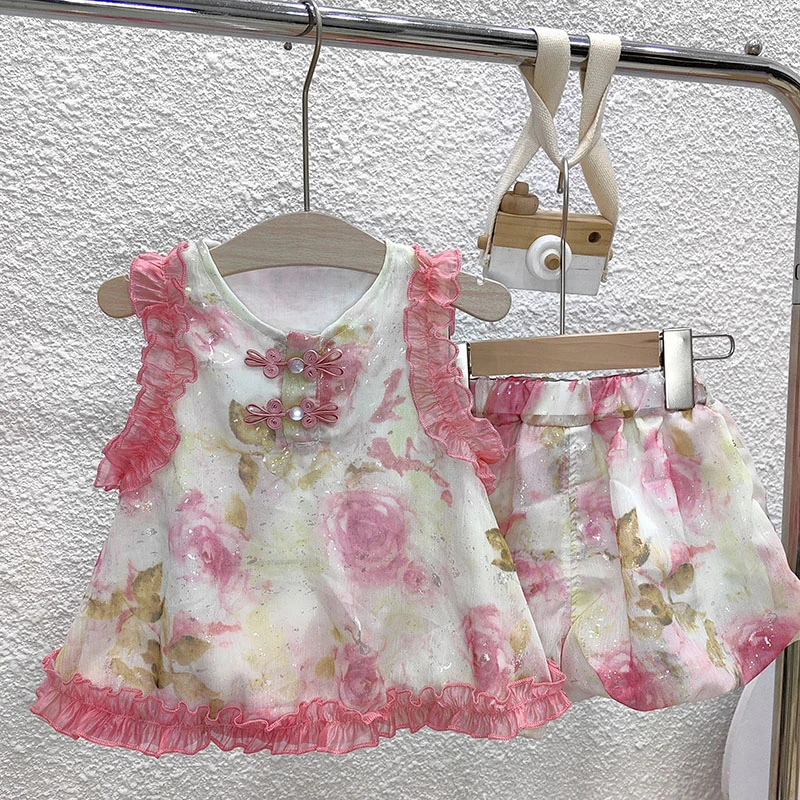 2024夏季女童洋气时尚女孩夏款韩版团花无袖花苞套装粉