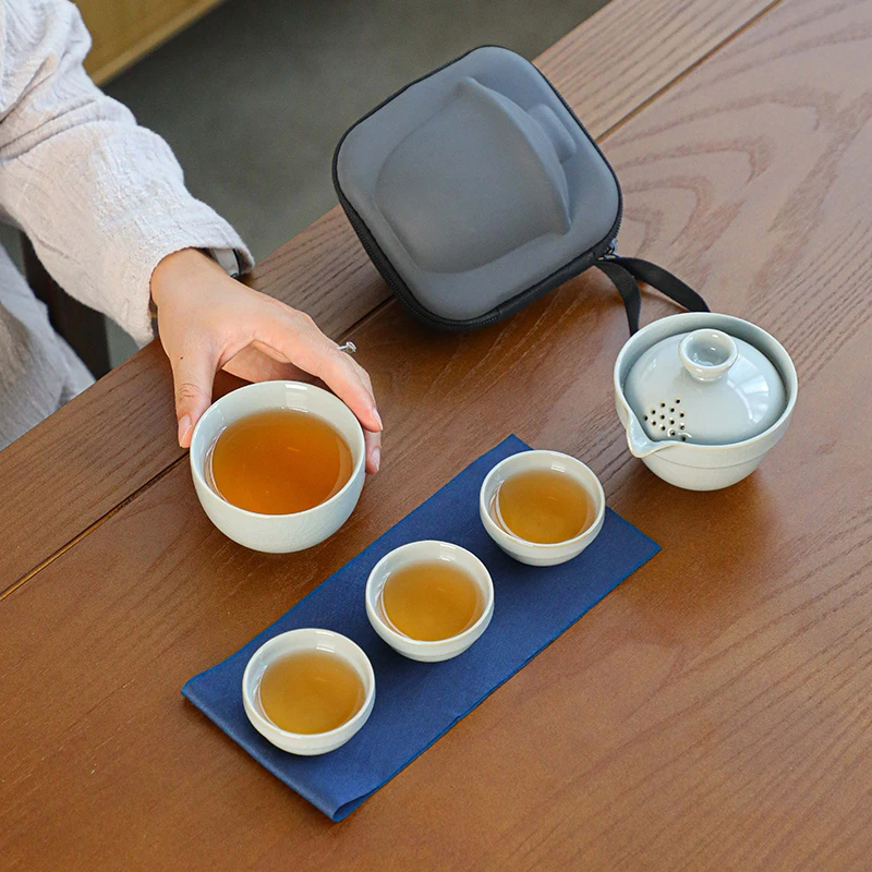 汝窑旅行茶具套装快客杯一壶三杯茶壶茶杯便携功夫茶具户外泡茶器