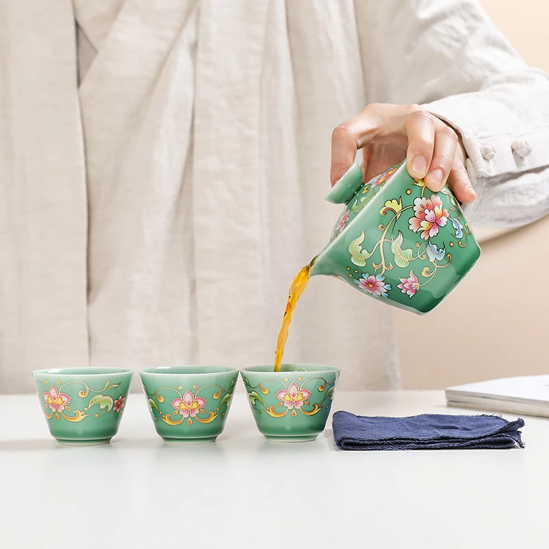 青瓷珐琅彩旅行茶具便携式包一壶三杯快客杯车载户外随身泡茶壶