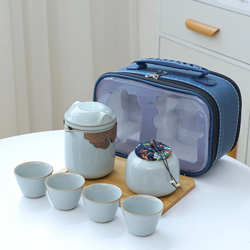 汝窑旅行茶具套装便携开片陶瓷快客杯一壶四杯功夫户外露营泡茶器