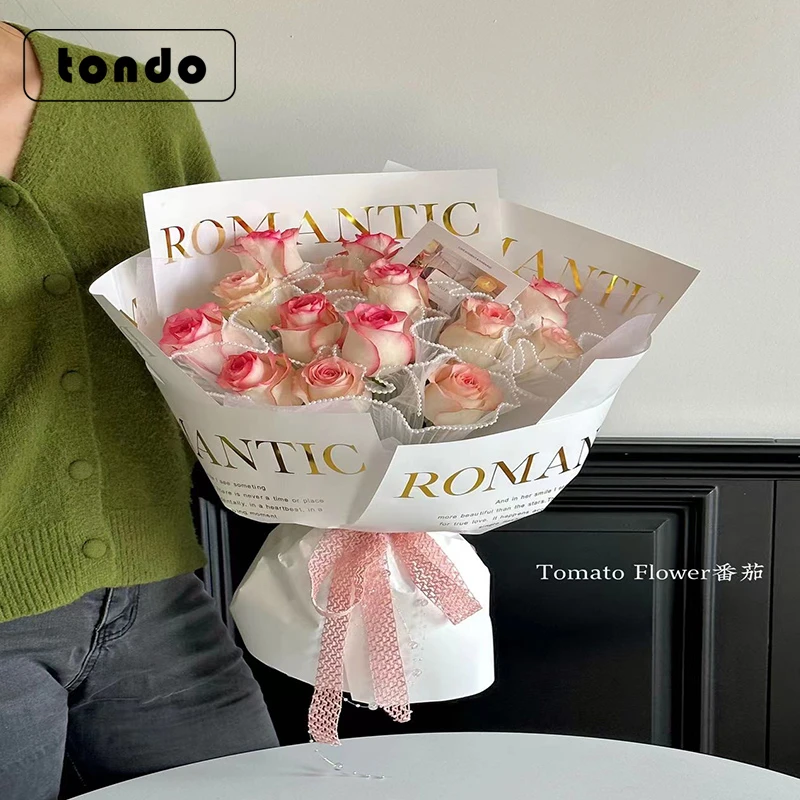 简约时尚英文烫金网红鲜花包装纸 防水加厚花束包花纸（10张/包）