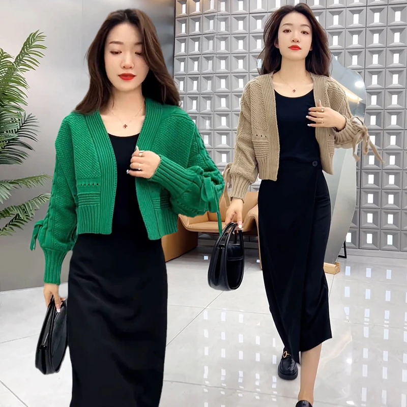 高腰毛衣外套女秋新款洋气时尚蝴蝶结针织开衫外搭短款高级感上衣