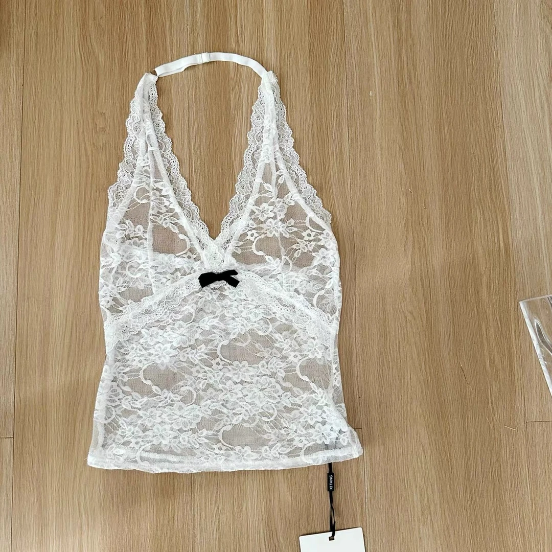 时尚气质叠穿打底衫神器甜辣性感蕾丝吊带挂脖修身内搭白色Z222
