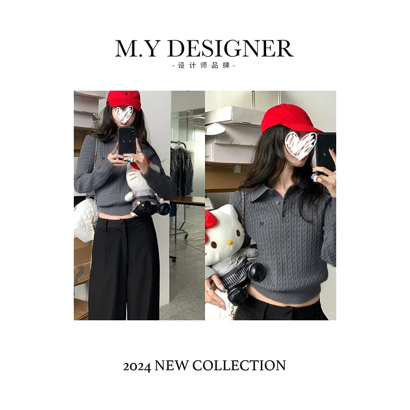 慵懒风刺绣麻花针织衫韩版polo领休闲长袖内搭上衣 z142