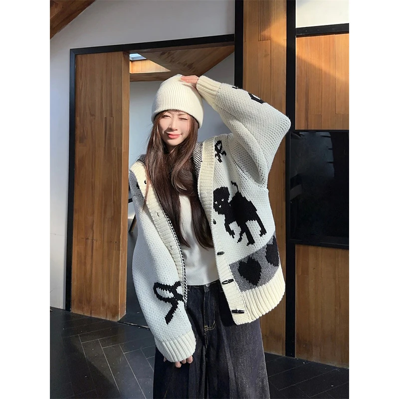 秋冬时尚猫咪蝴蝶结提花秋冬厚毛衣牛角扣连帽外套宽松开衫z325