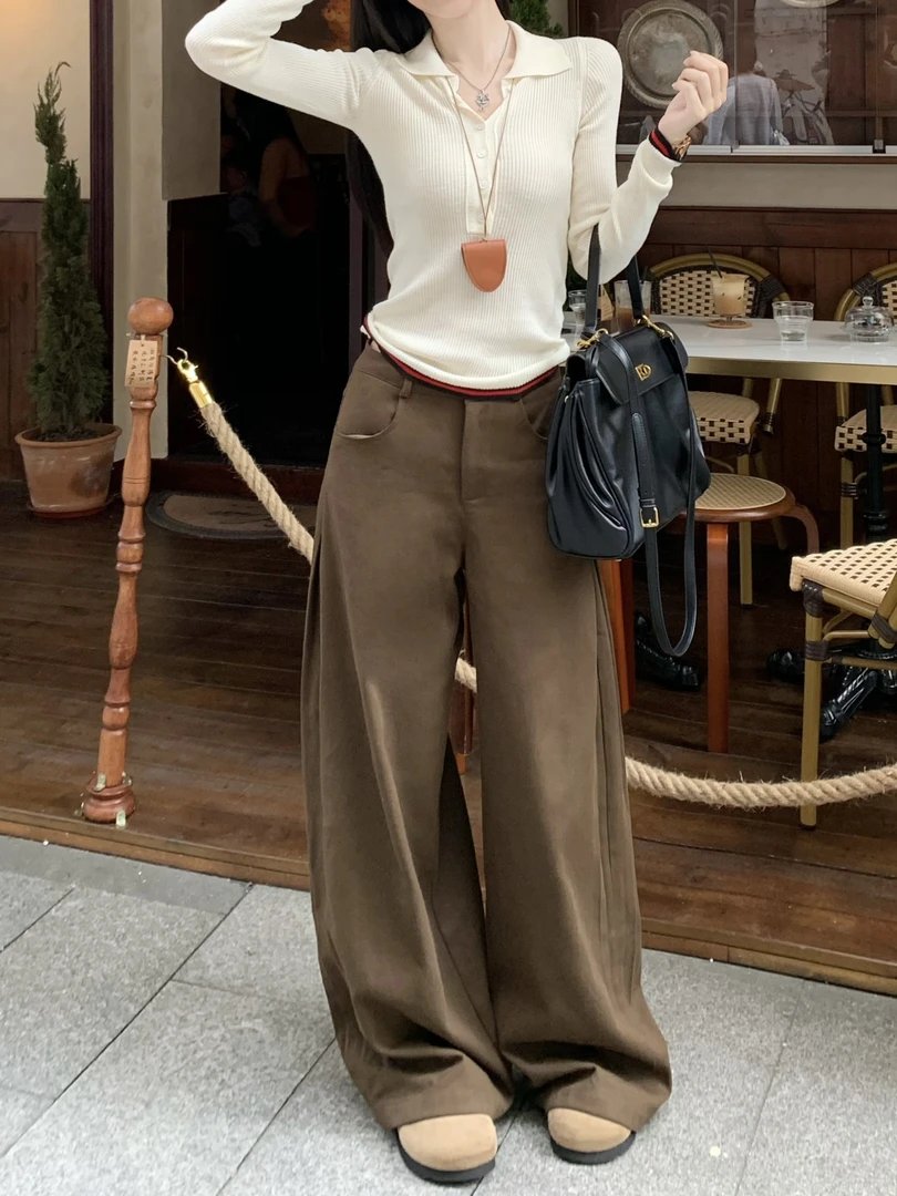 秋季茶卡百搭阔腿侧褶A形设计感宽松显瘦休闲长裤纯色时尚Z186