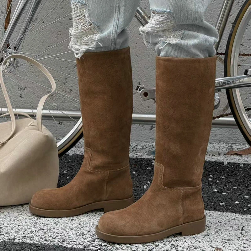 诗歌兰平跟女靴子2025秋冬新款真皮骑士靴弹力复古不过膝套筒长靴