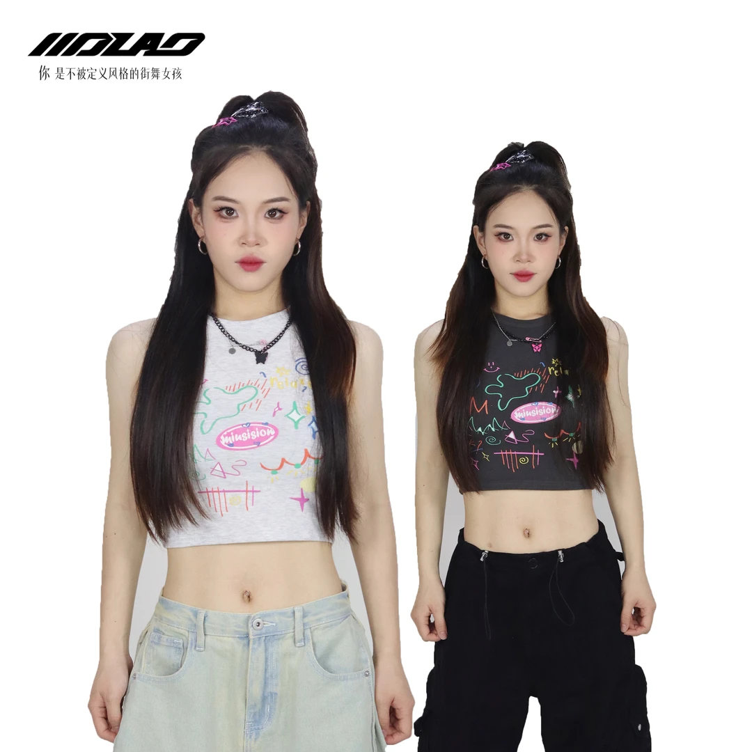 大佬妙多巴胺印花背心工字jazz辣妹显瘦欧美打底街舞tx79