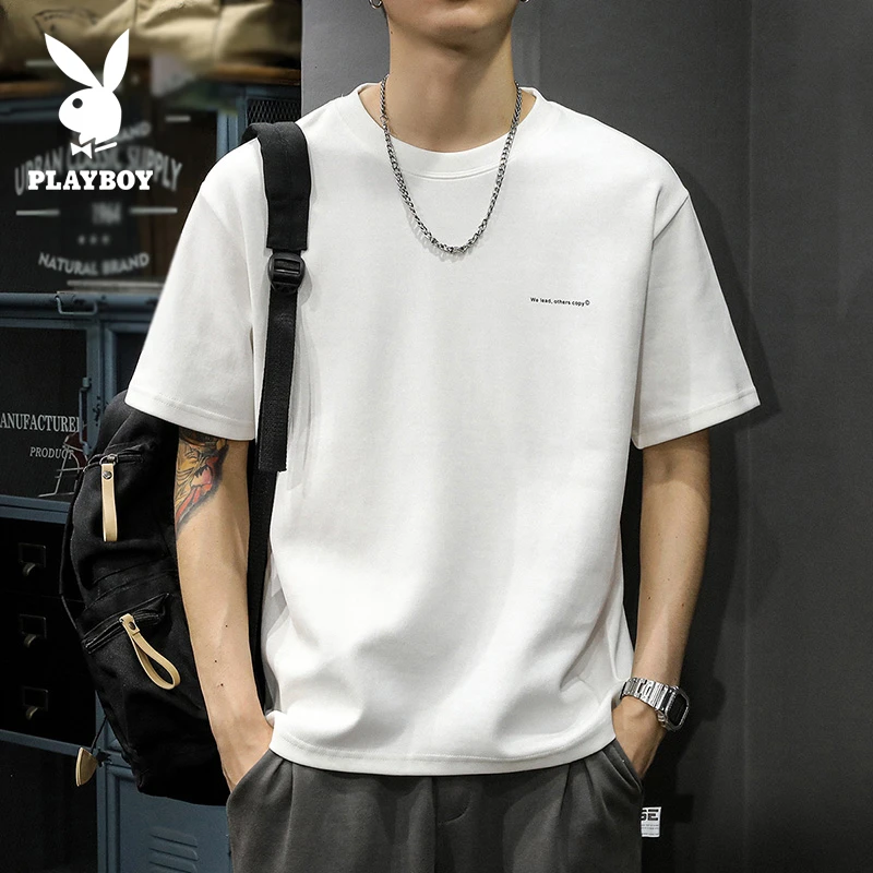 花花公子短袖男t恤夏季重磅宽松休闲父亲节礼物圆领简约白色半袖