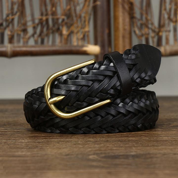 男女士高档真皮时尚编织皮带头层牛皮手工编制针扣休闲百搭裤带