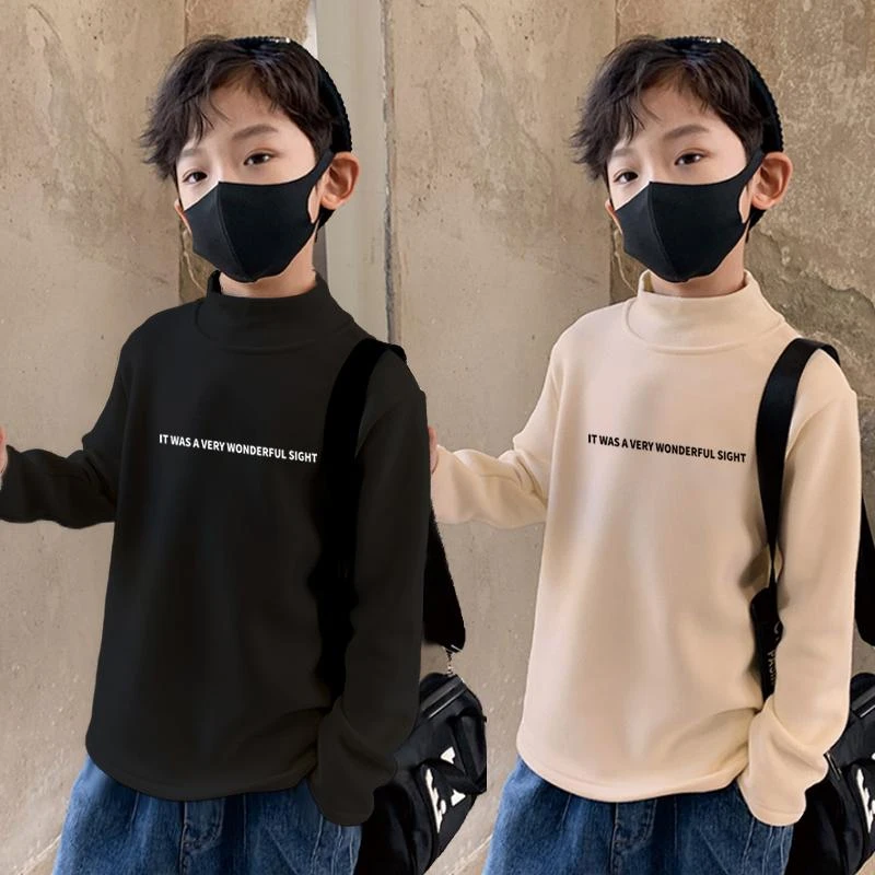 儿童半高领打底衫秋冬中大童双面磨毛德绒保暖长袖T恤印花上衣潮