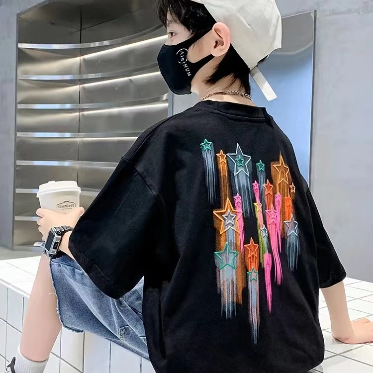 （100%纯棉）男童短袖t恤中大童圆领2023年夏季新款儿童潮牌百搭