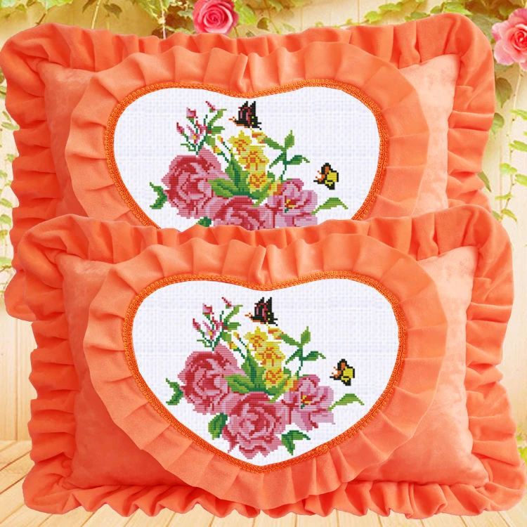 新款印花十字绣抱枕情侣结婚喜庆自己绣单人枕套卧室床上刺绣枕头