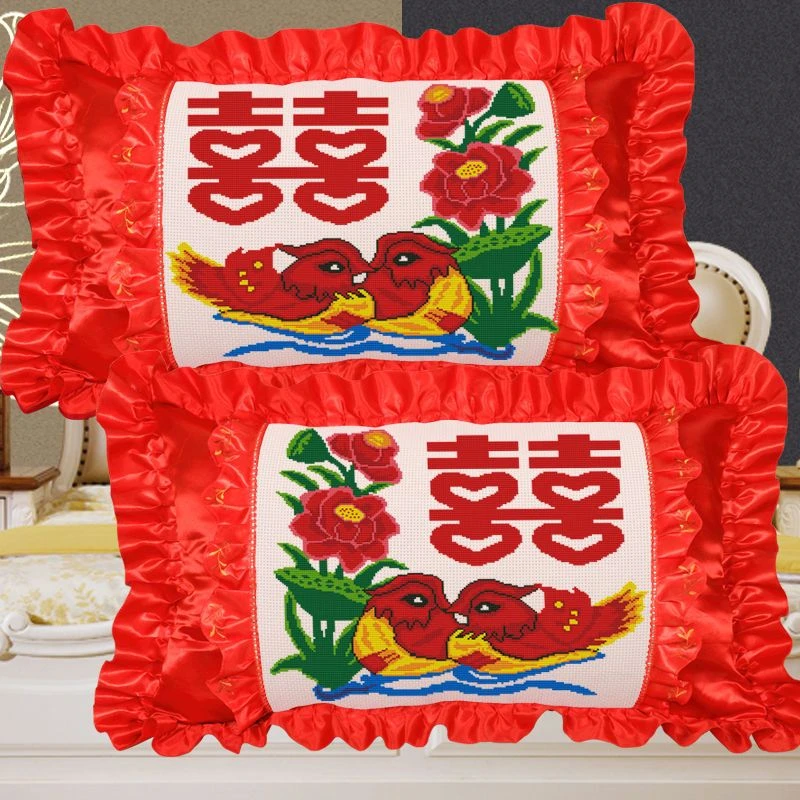 新款高清印花十字绣手工刺绣婚房枕头套结婚贡缎卧室全绣单人枕套