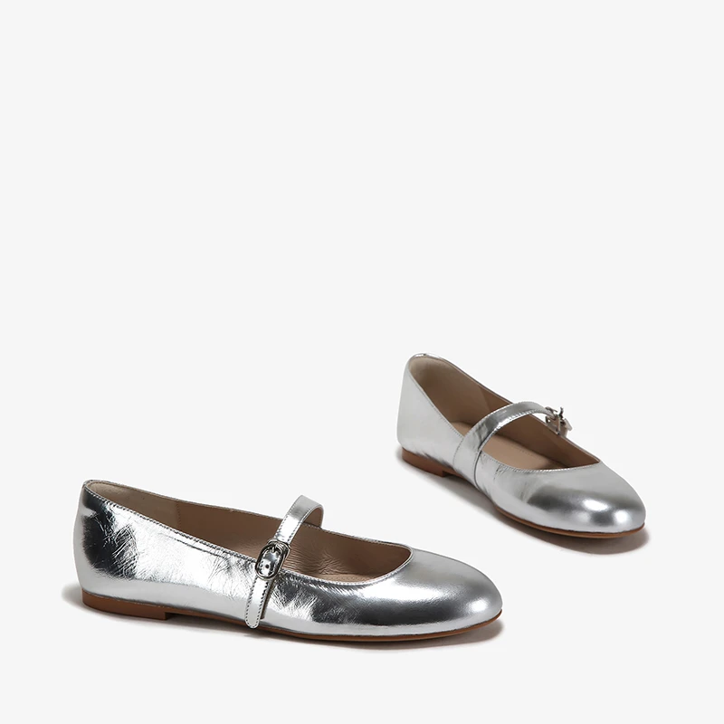 银色时尚玛丽珍鞋女四季新款透气薄款浅口单鞋圆头轻便小皮鞋子