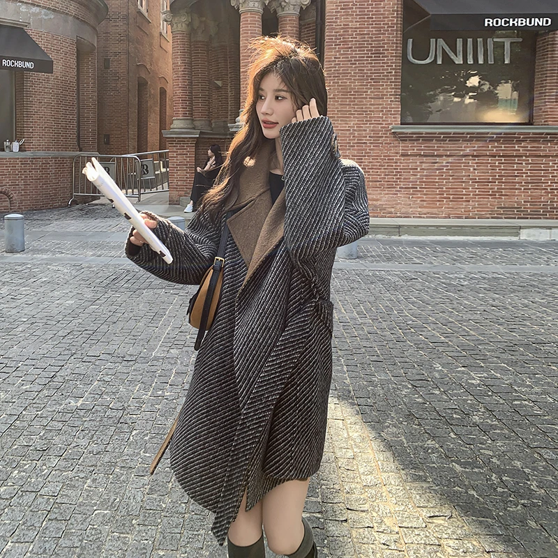 美拉德条纹毛呢外套女秋冬2024新款轻熟风西装领呢大衣赫本风爆款