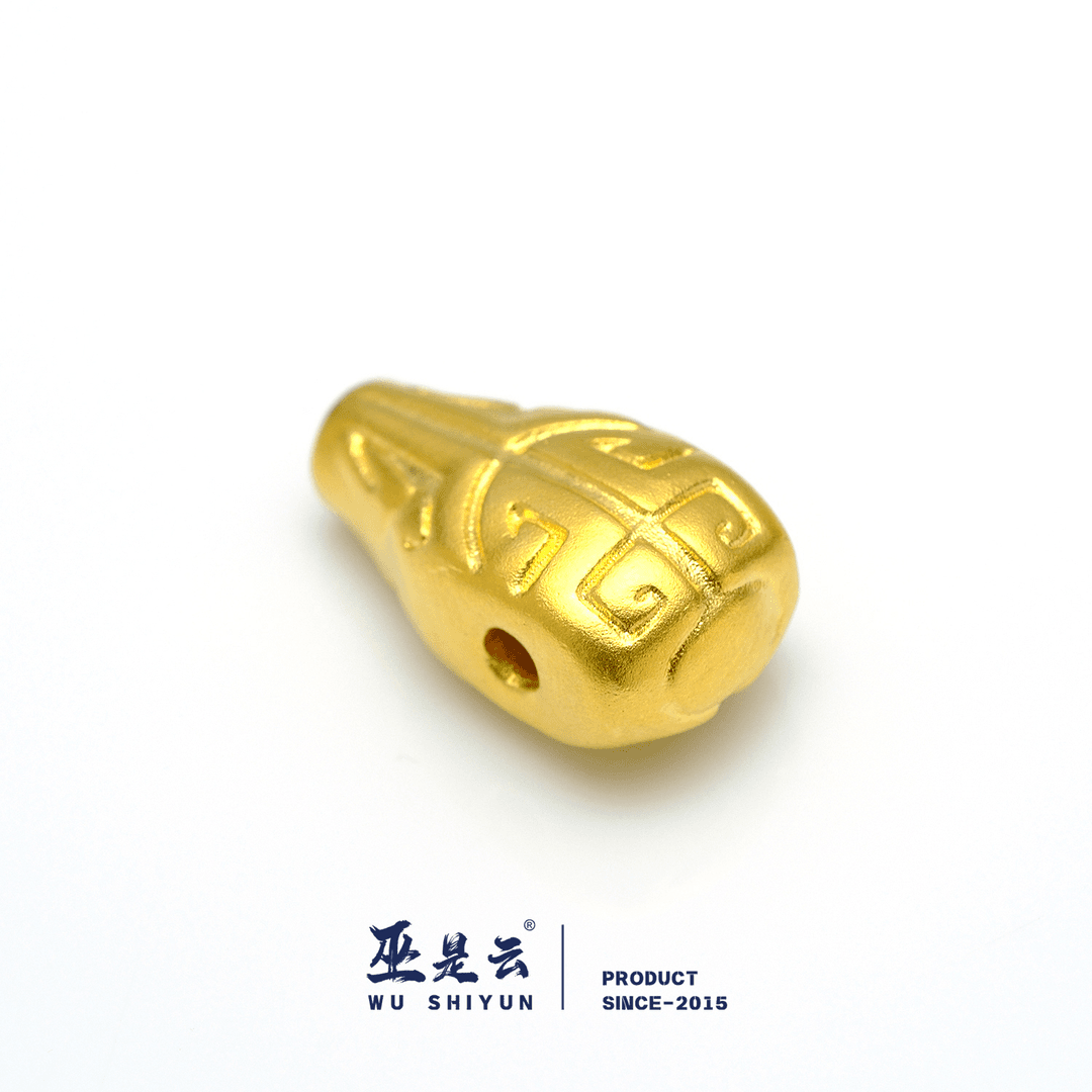 巫是云 24K纯黄金足金999博古纹三通足金佛头佛珠配饰多样性发一