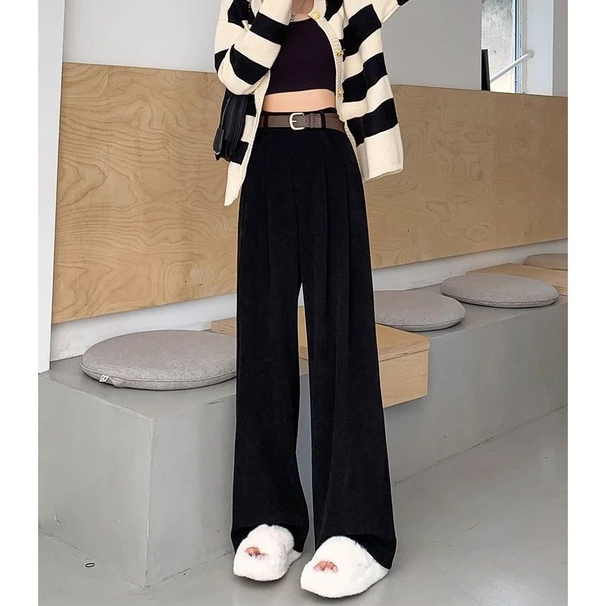 咖啡色灯芯绒窄版阔腿裤子女秋冬季2023新款高腰棕色直筒裤垂坠感