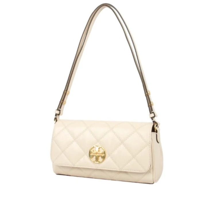 99新 TORY BURCH/汤丽柏琦 白色鱼子酱皮质法棍包斜挎包单肩女包