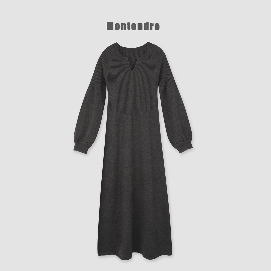 【Yorozuya】 秋冬新款 J 小V领设计灯笼袖罗纹针织连衣裙