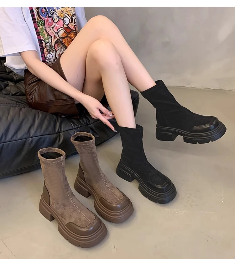 厚底短靴女2023新款秋季弹力瘦瘦靴复古英伦风小个子粗跟切尔西靴