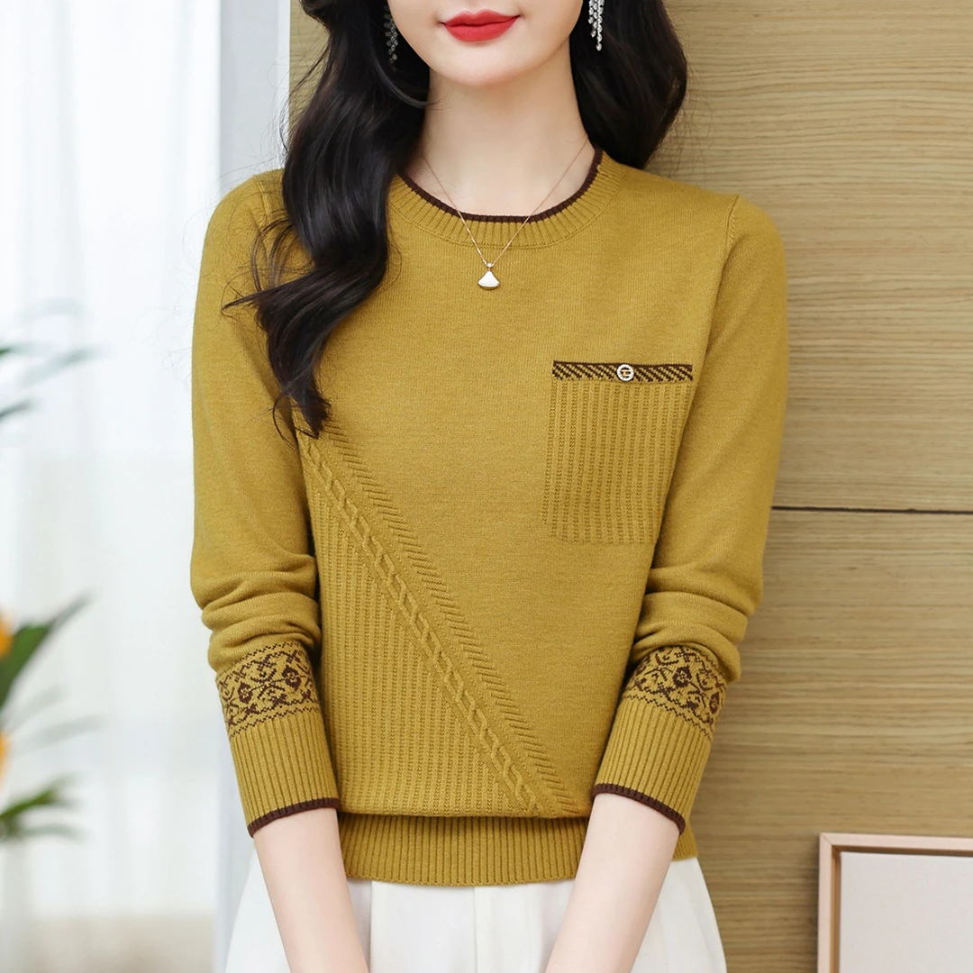 时尚提花圆领针织衫女中厚款春秋洋气百搭宽松显瘦上衣简约妈妈装