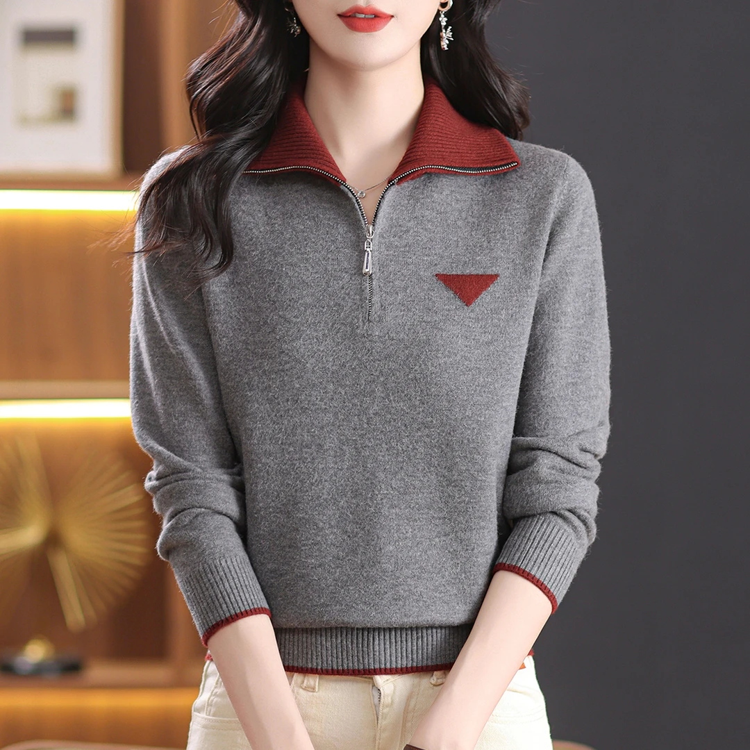 休闲翻领撞色针织衫女式时尚韩版宽松高领打底衫秋冬洋气套头上衣