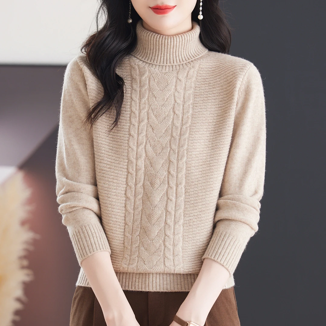 冬季纯色双层领打底衫女时尚百搭宽松加厚高领针织衫秋冬套头毛衣