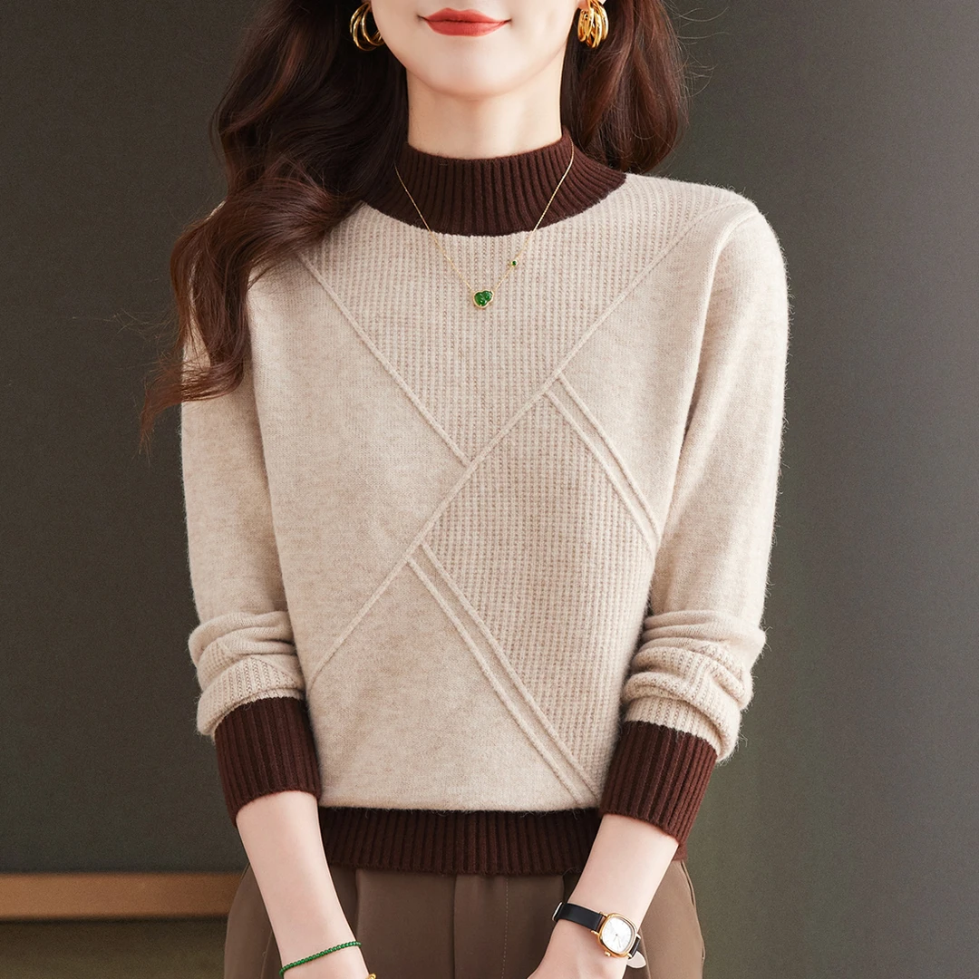 洋气撞色斜纹针织衫女时尚宽松加厚半高领打底衫冬季简约套头毛衫