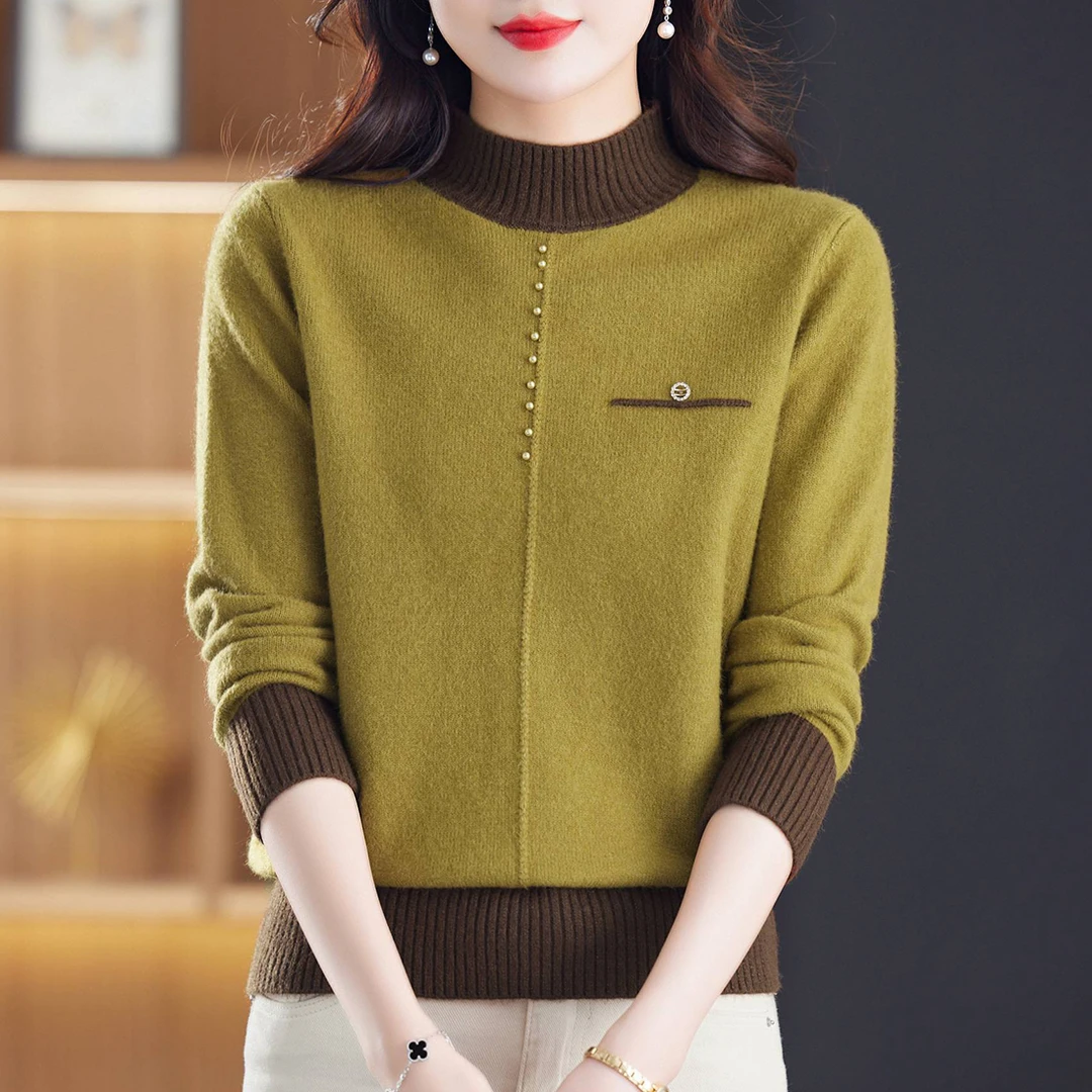 洋气钉珠撞色针织衫女士秋冬新款时尚加厚宽松半高领百搭毛衣外穿