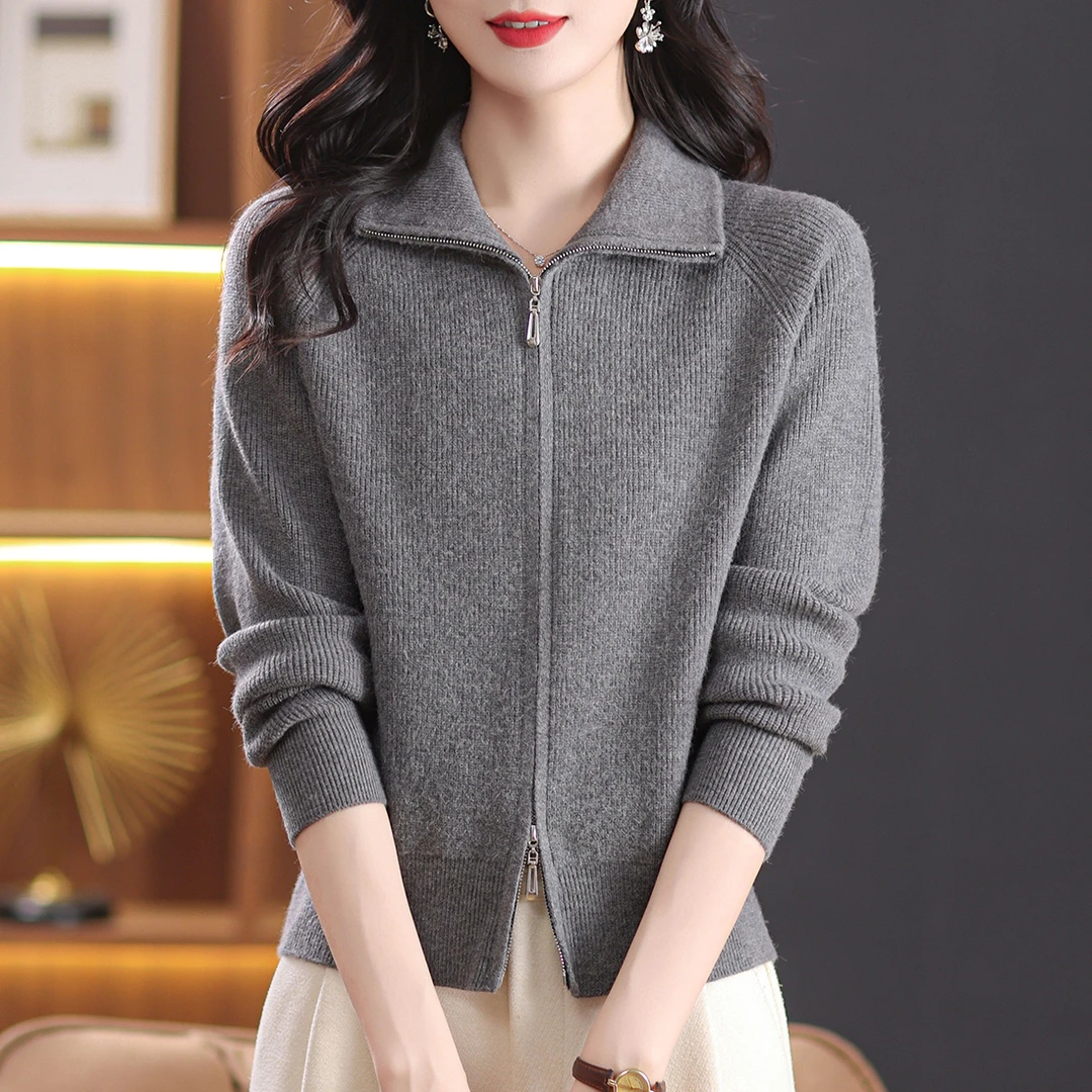 洋气翻领拉链针织开衫女式时尚百搭纯色休闲外套秋冬宽松简约毛衫