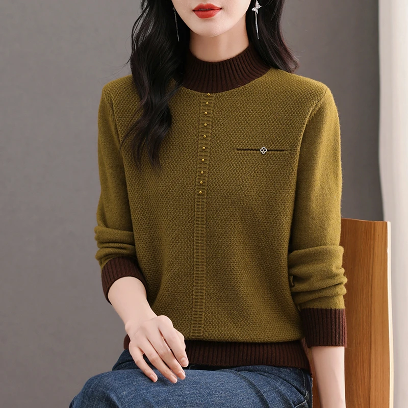 洋气钉珠撞色针织衫女时尚宽松加厚半高领打底衫秋冬休闲套头毛衫