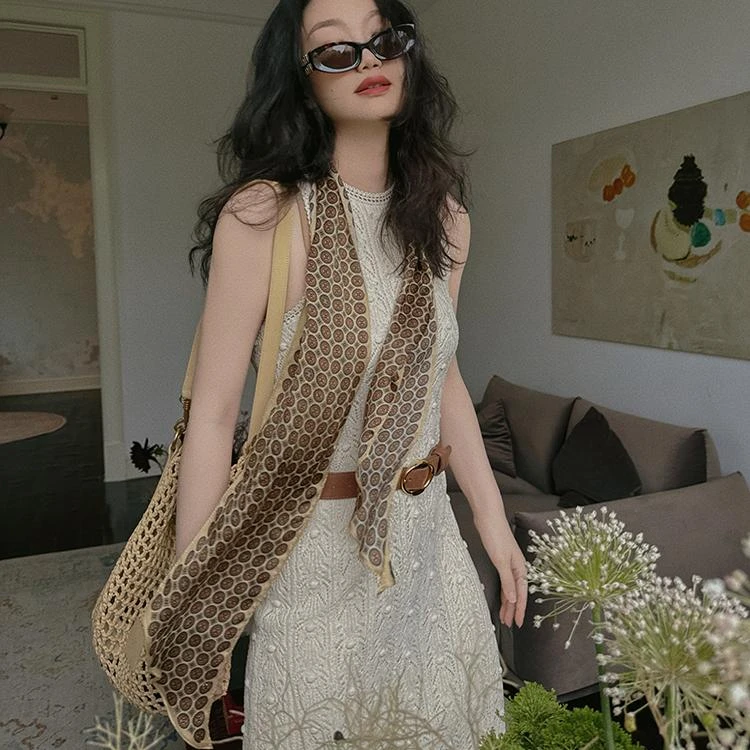 TOPCLOSET 时髦老钱 法式复古重磅印花100%桑蚕丝 百搭飘带长丝巾