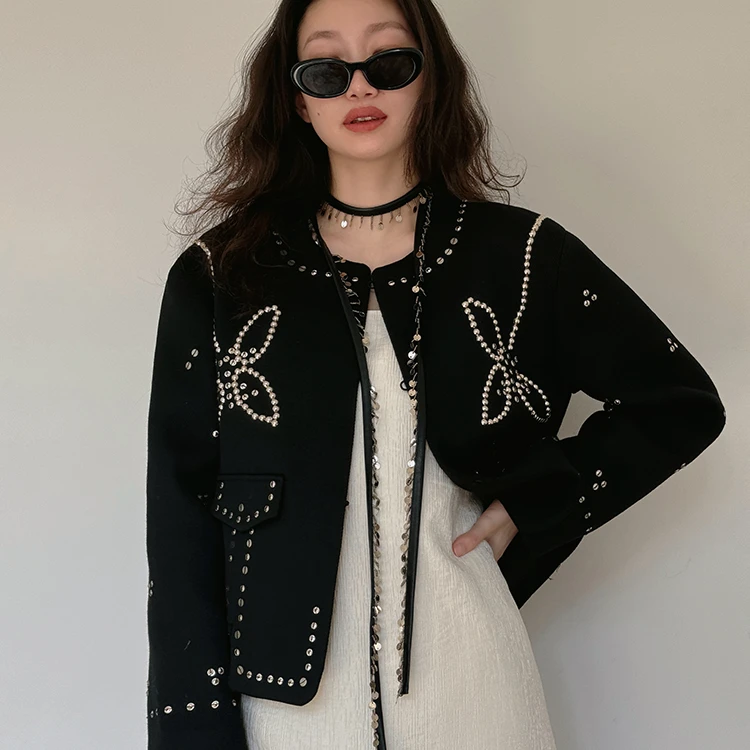 TOPCLOSET 典藏款 法式时髦重工高质银色铜片钉珠羊毛呢圆领夹克