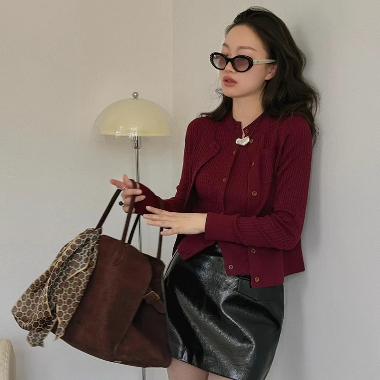 TOPCLOSET时髦叠穿法式复古高级感麻花细坑条圆针织开衫/马甲