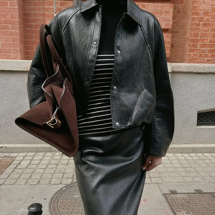 TOPCLOSET 法式时髦套装 复古暗扣蝙蝠袖夹克皮衣 皮半身裙