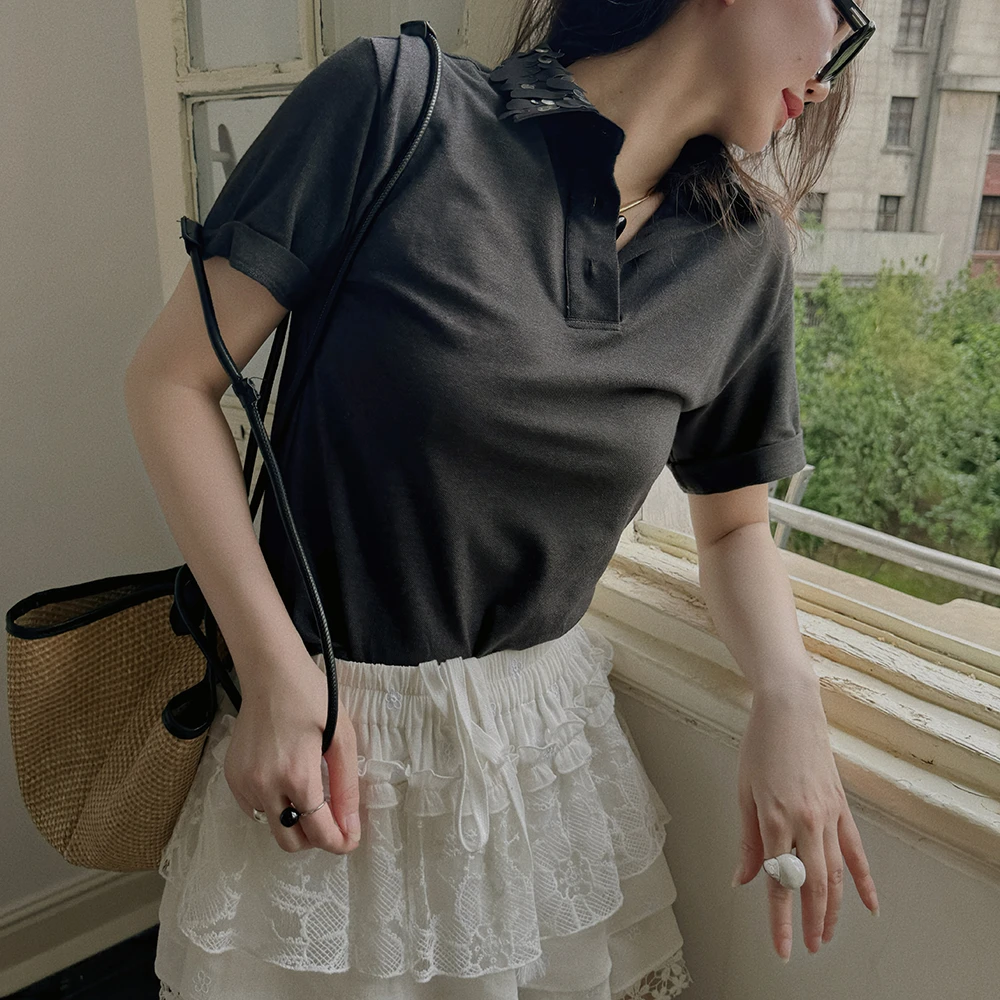 TOPCLOSET 时髦甜酷  M1U风手工刺绣剪花珠片POLO领短袖t恤女春夏