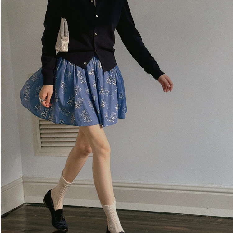TOPCLOSET 植物系 法式复古浪漫数码花卉印花百褶半身蓬蓬短裙女