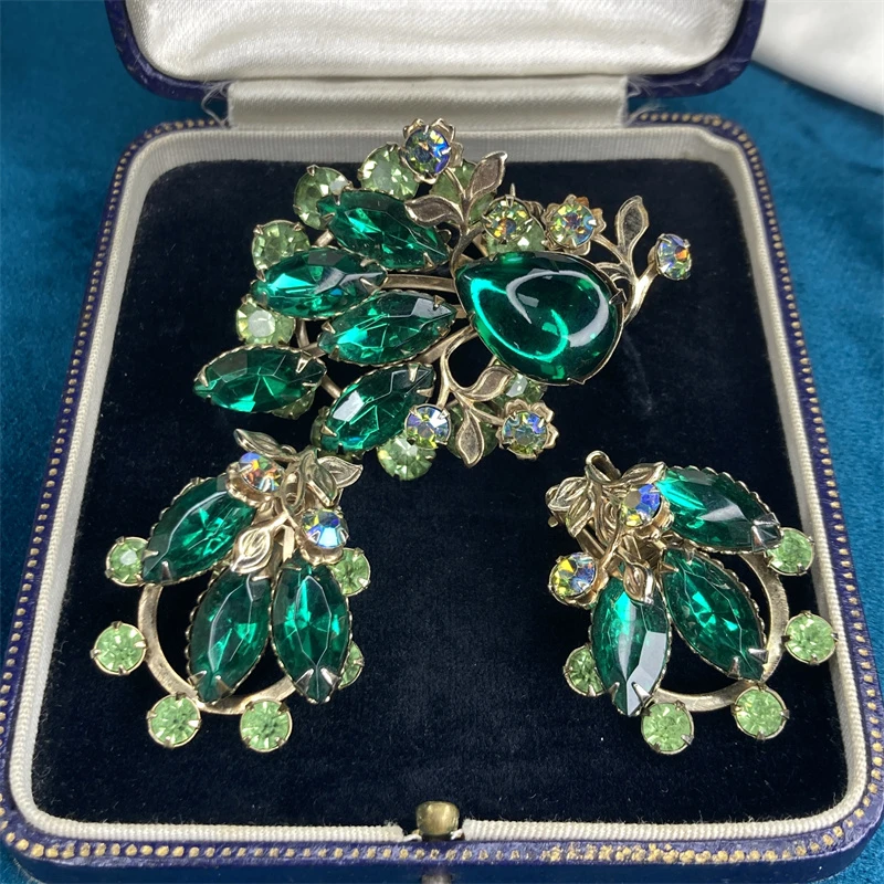 合金耳饰 绿色花叶琉璃胸针耳环套装1-12【20241012-001】