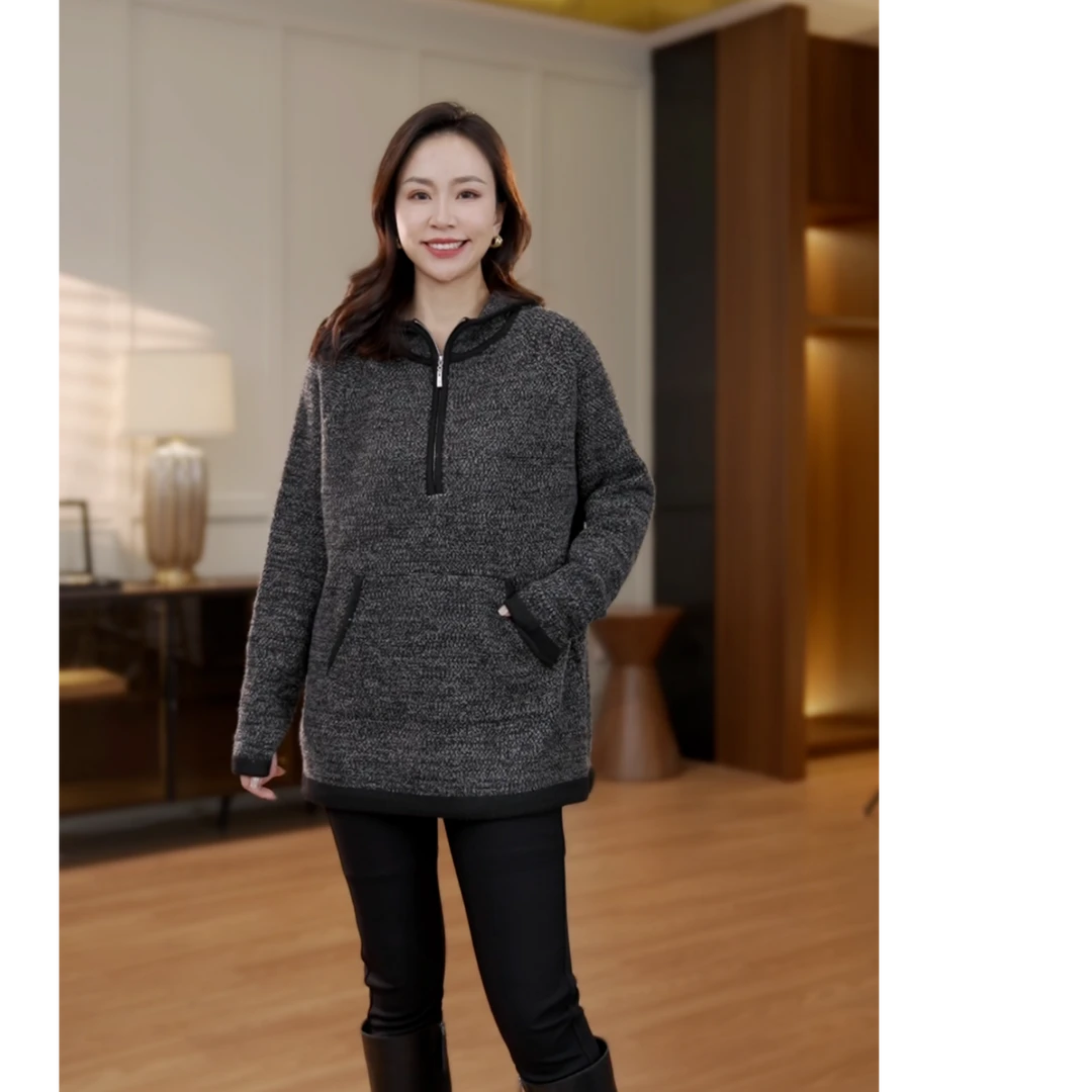【猫猫定制】衣品乐微胖大码冬季新款连帽半拉链针织卫衣MC4841