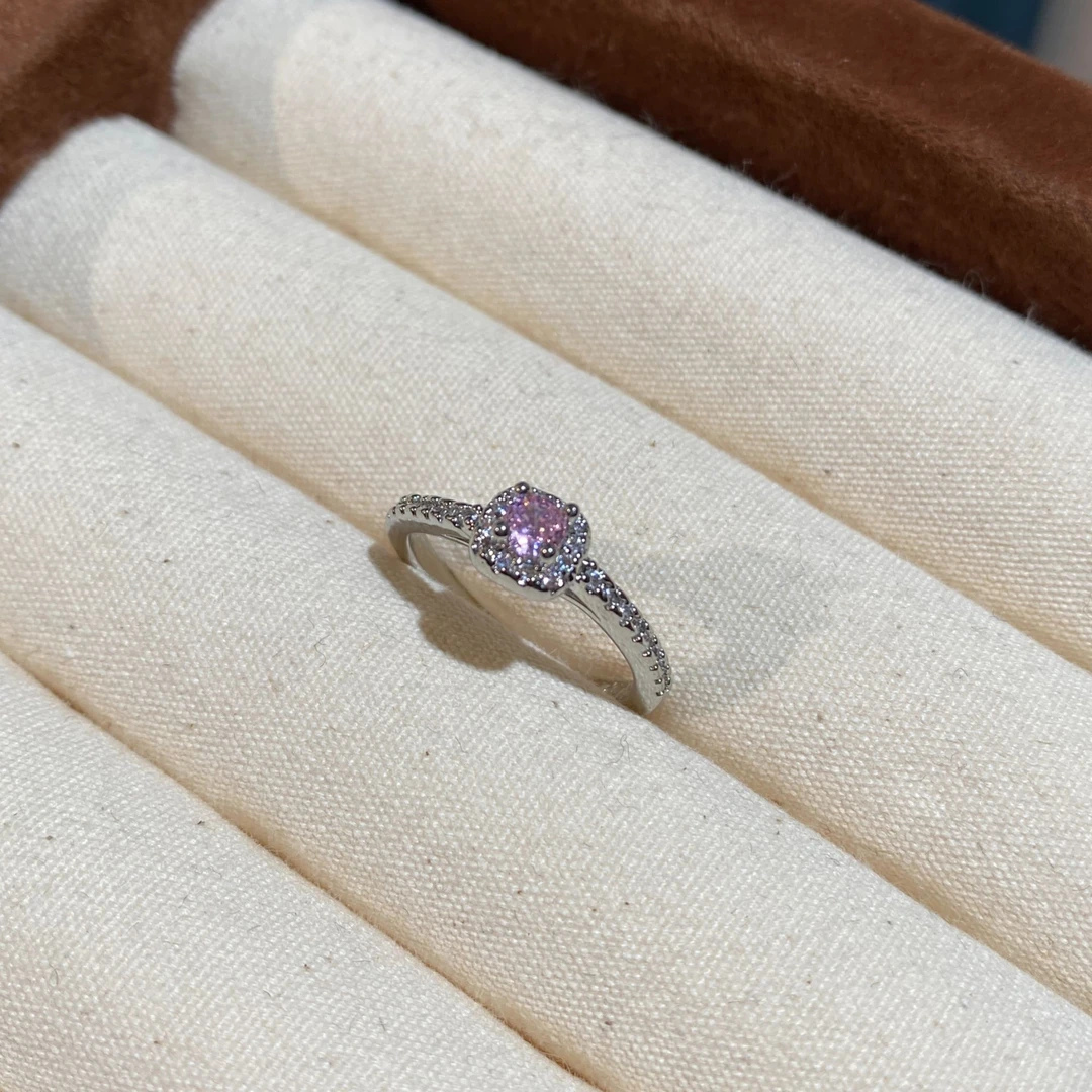 铜合金锆石戒指 轻奢粉钻戒指简约百搭气质时尚满钻方包戒指