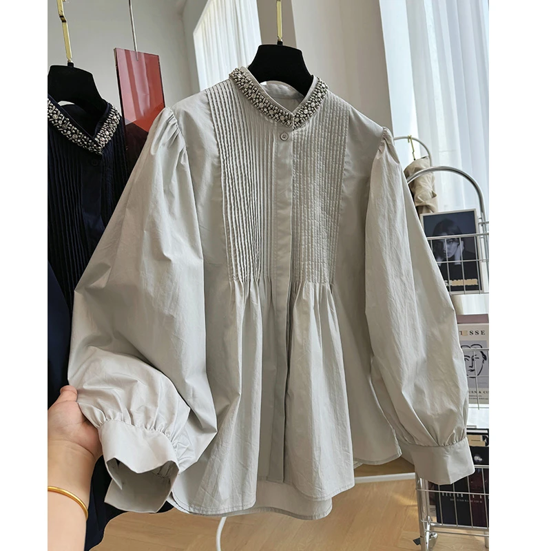 韩系设计感重工褶皱长袖衬衫上衣女舒适春秋新款大码立领衬衣气质