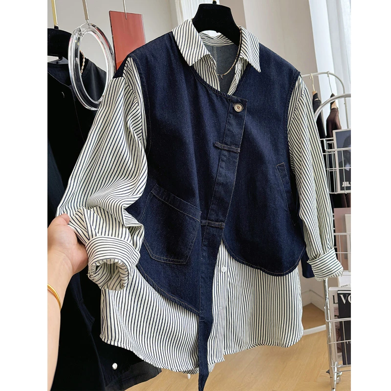 高级感假两件牛仔马甲拼接条纹长袖衬衫上衣女装舒适春秋气质衬衣