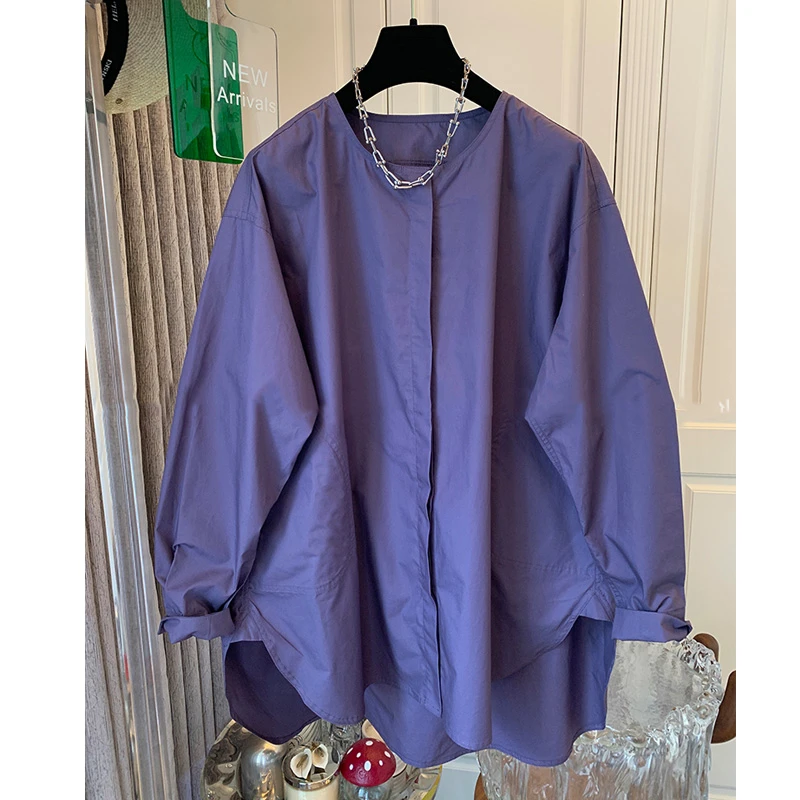 高级感法式圆领纯色长袖衬衫上衣女舒适春秋新款设计感大口袋衬衣