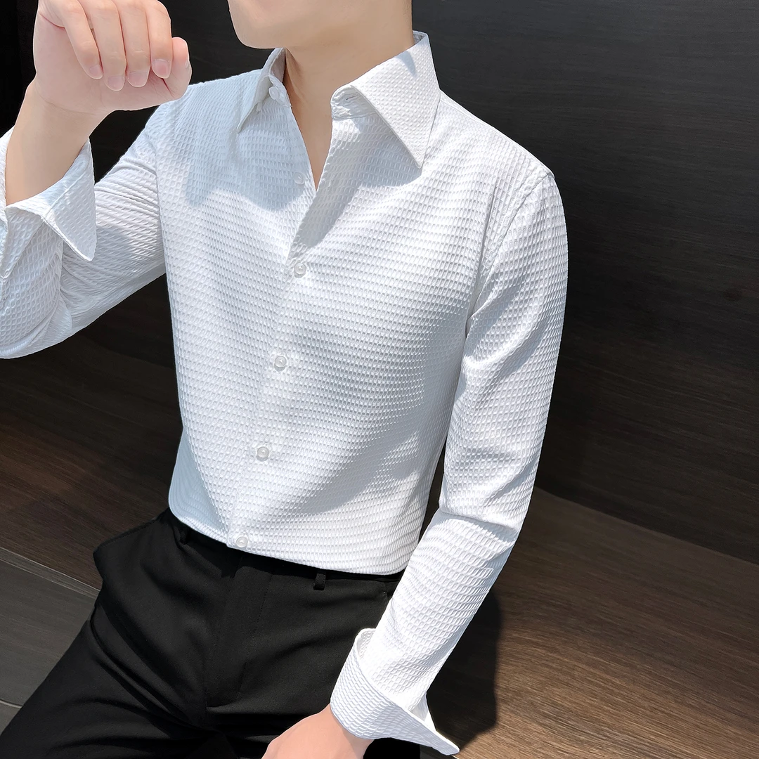 华夫格长袖衬衫男款痞帅高级感男装2025新款商务休闲秋季男士衬衣