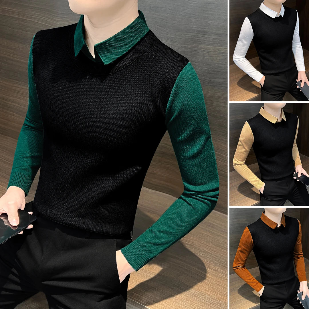 假两件男士毛衣秋季款爆款2025新款痞帅高级感拼色男款针织打底衫