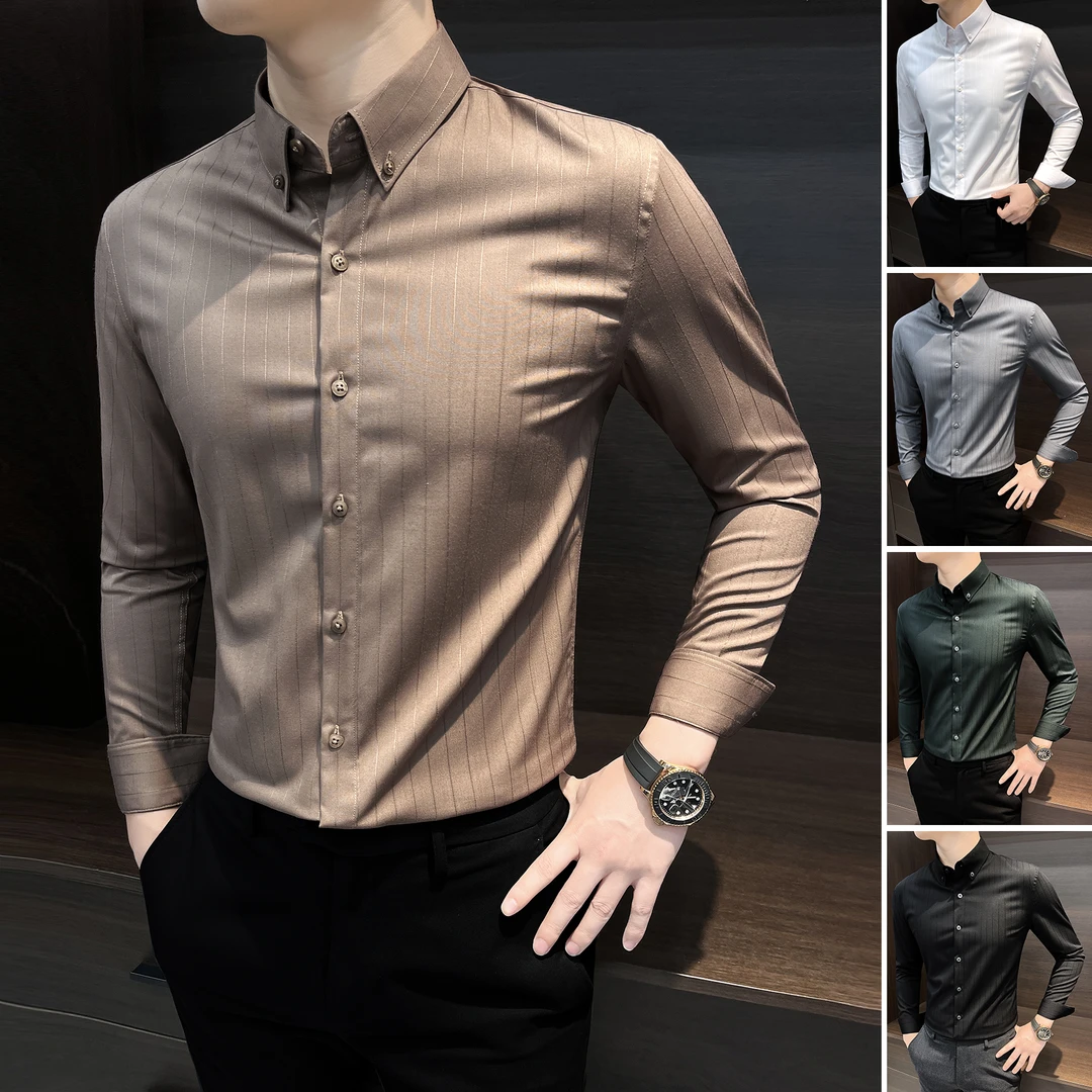 条纹衬衫男款长袖痞帅高级感高贵上档次男装秋款商务修身男士衬衣