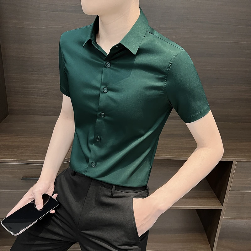 短袖衬衫男款爆款2025新款商务休闲轻奢男装高端夏季纯色修身衬衣