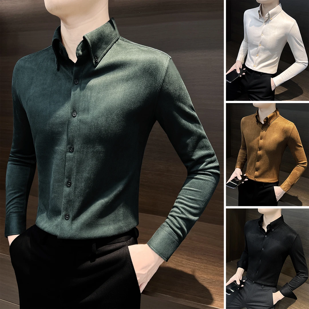 鹿皮绒衬衫男款长袖痞帅高级感男装上衣秋季男士衬衣2025新款爆款